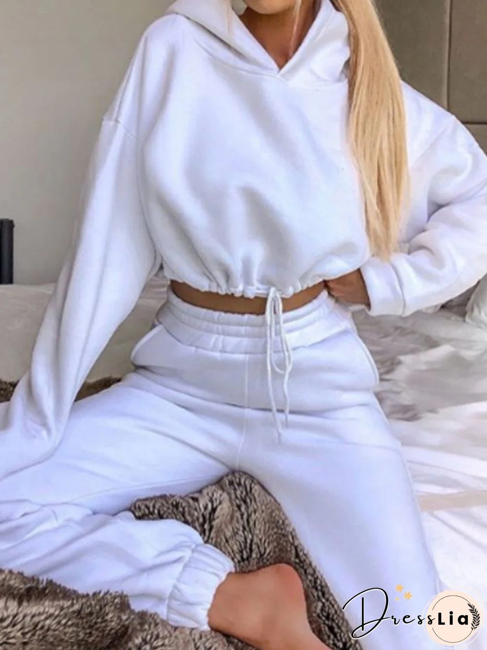 Plain Short Long Sleeve Hoodie 2-Piece Set