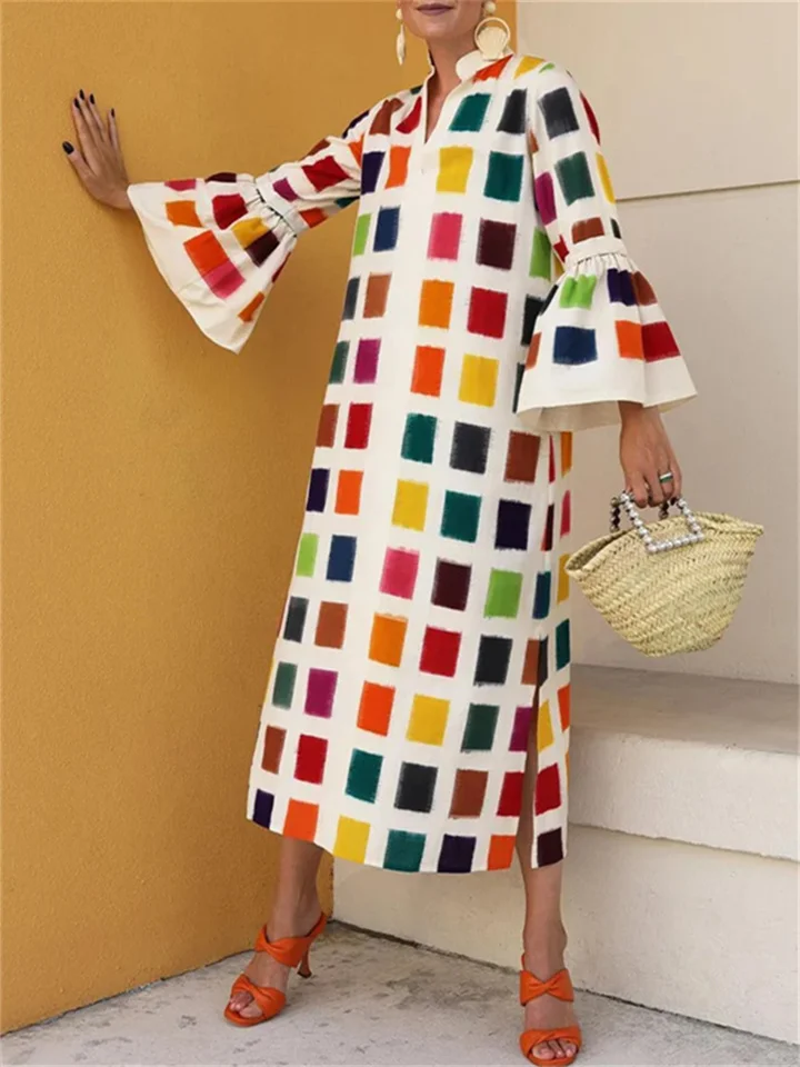 Spring and Autumn New Comfortable Casual Plaid Long Flared Sleeve Long-sleeved Loose Type Medium-length Dress Dress