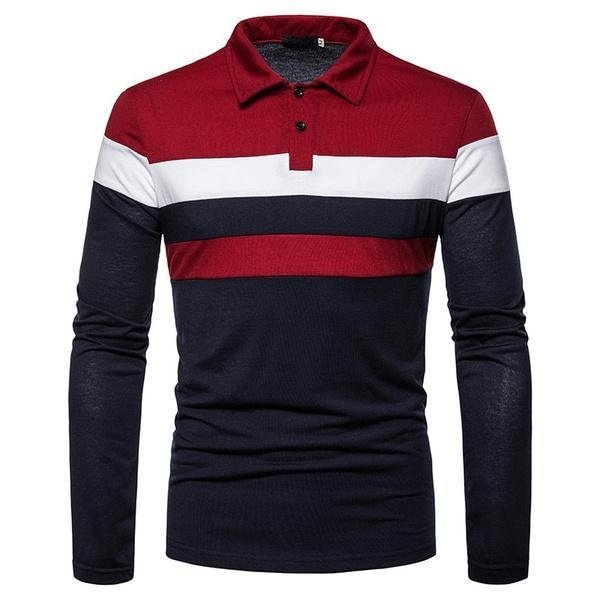 Fashion Men Lapel Long Sleeve Tri-color Striped Stitching Shirts | EGEMISS