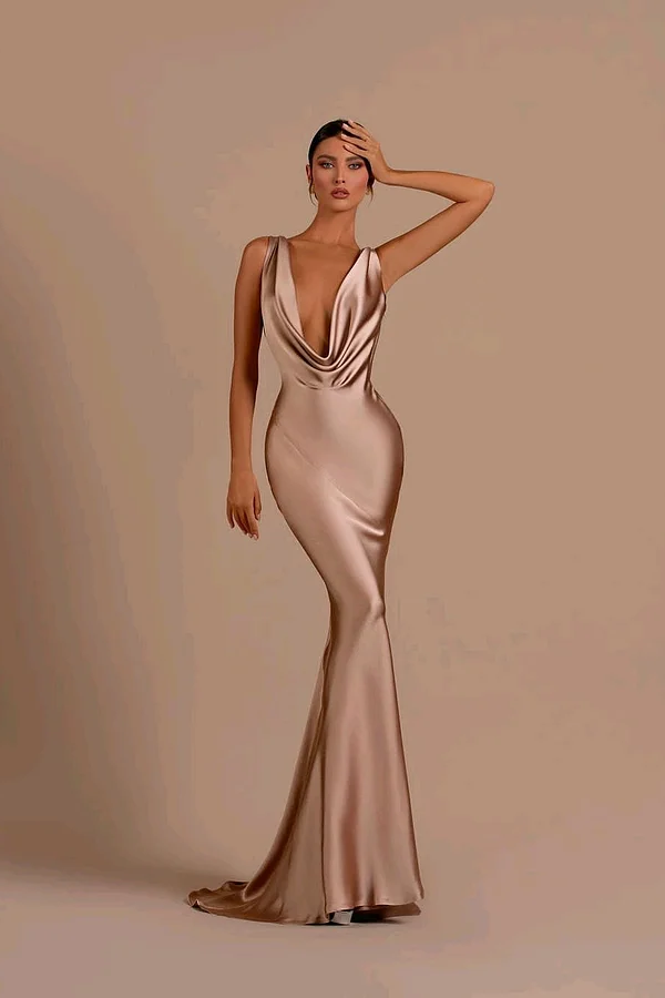 Daisda Charming Sexy Satin Sleeveless Backless Long Mermaid Prom Dress