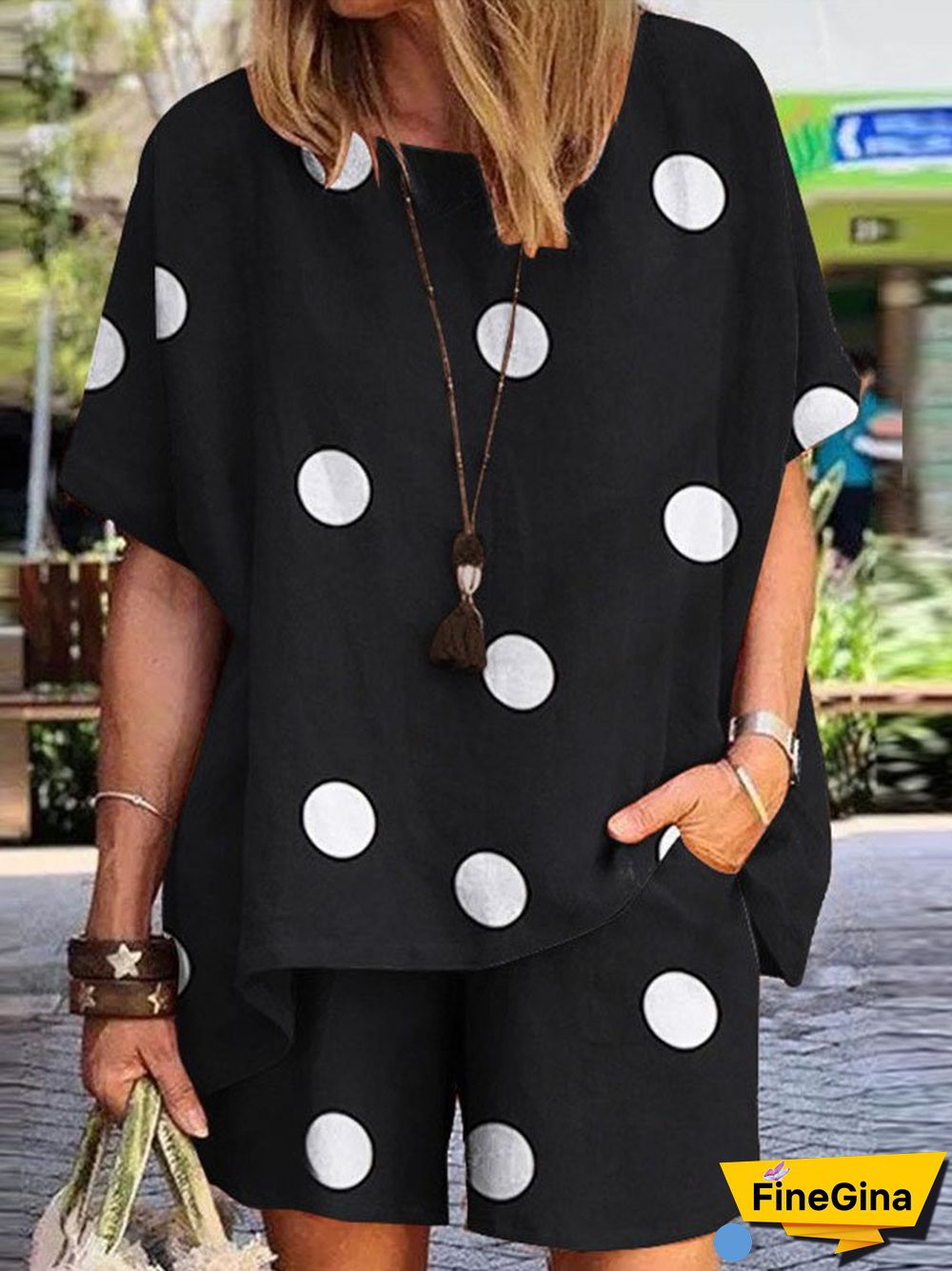 Casual Polka Dot Print Two-Piece Set