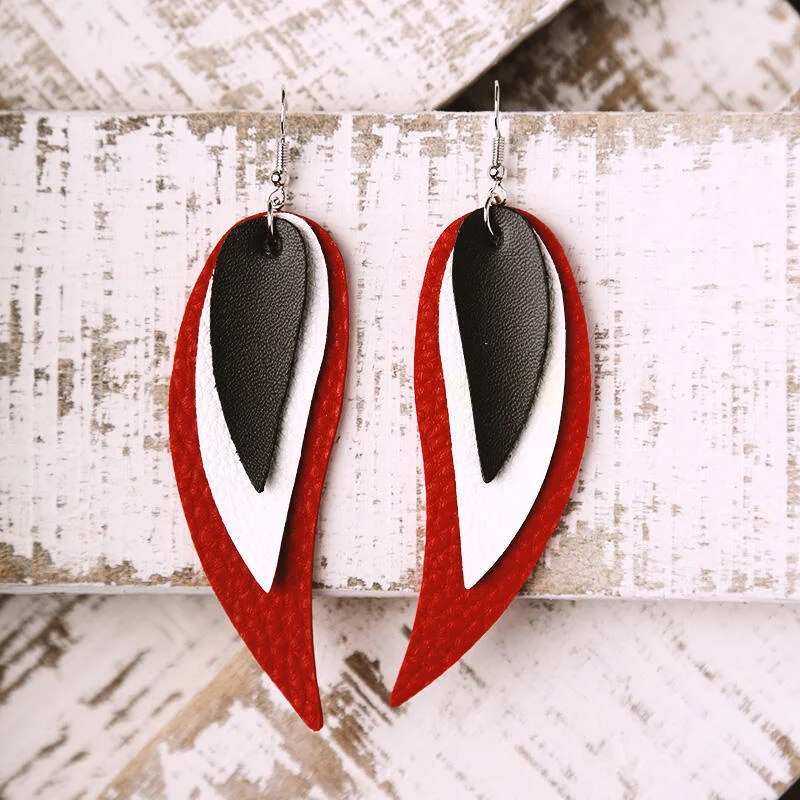 3 Layered Color Block Leaf Pattern Leather Earrings