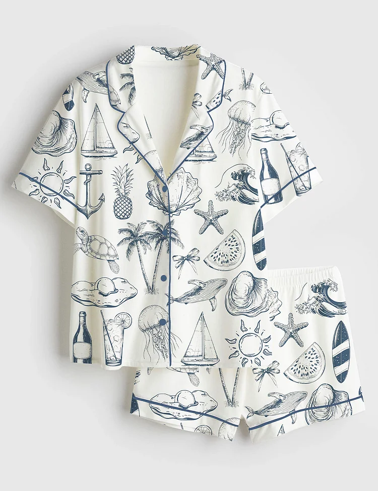 Women&rsquo;s Vintage Coastal Nautical Hand Drawn Sea Life Retro Summer Beach Print Short Sleeve Satin Pajama Set