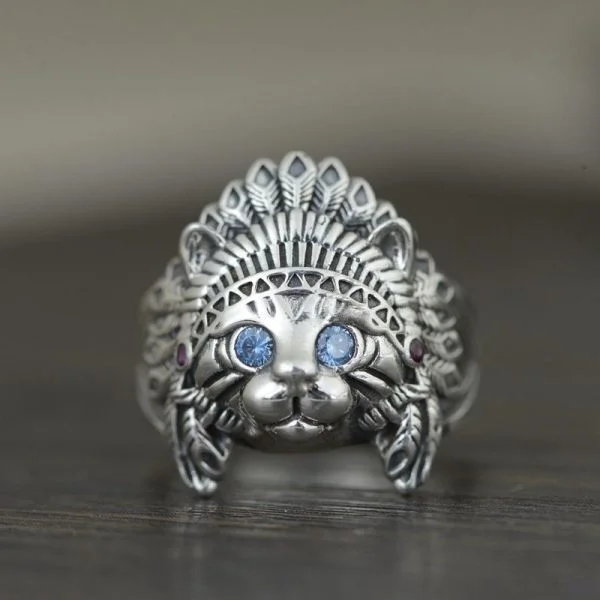 Sterling Silver Sapphire Indian Cat Ring