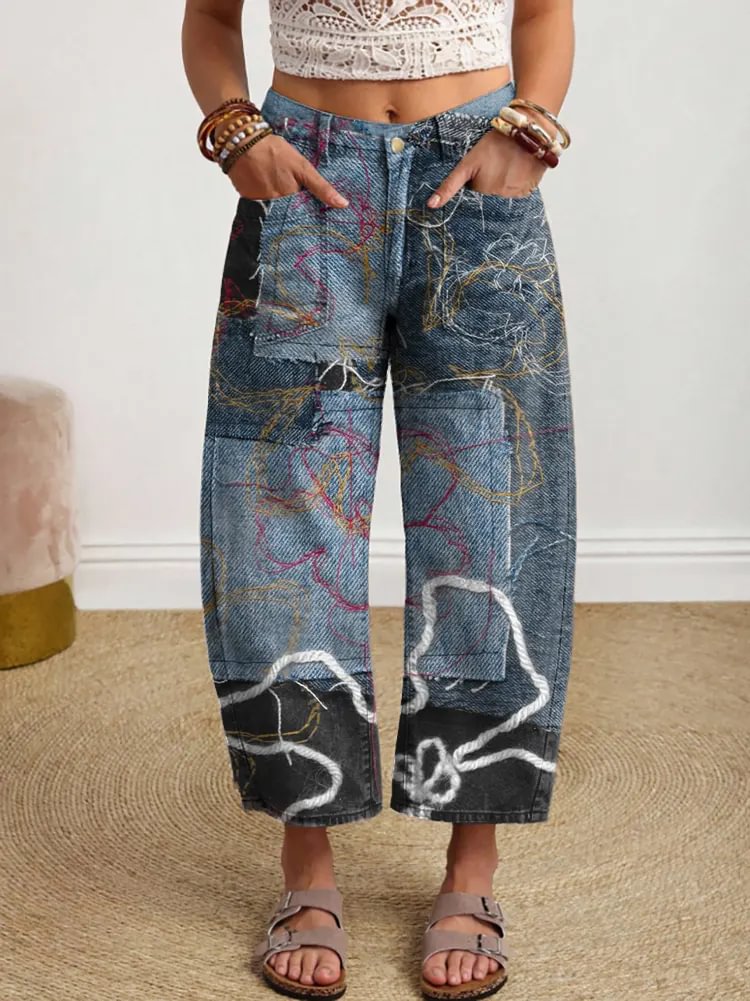 Women's Patchwork Pattern Art Print Jeans