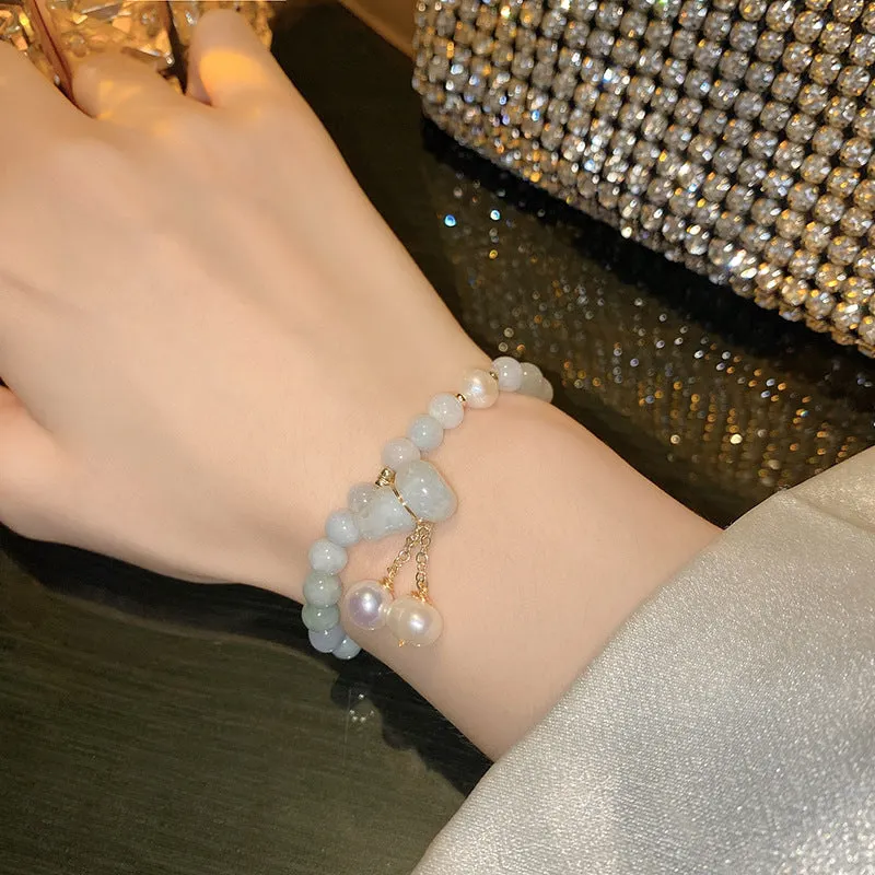 Gourd Emerald Jade Stone Pearl Bracelet