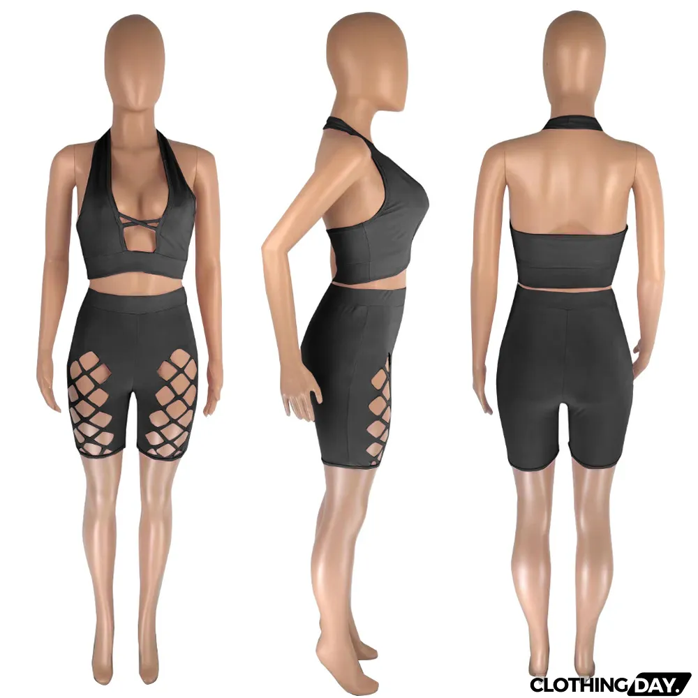 Sexy Halter Top And Hole Shorts Two Piece Sets