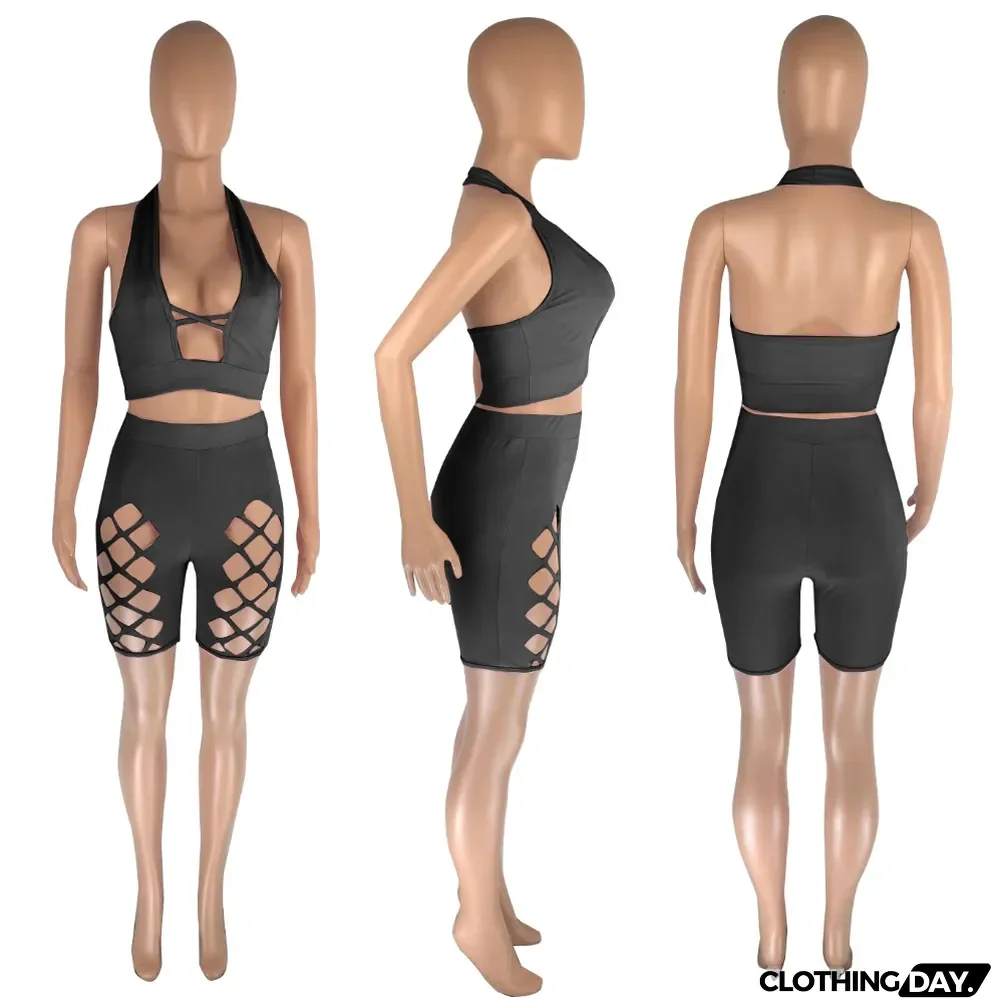 Sexy Halter Top And Hole Shorts Two Piece Sets