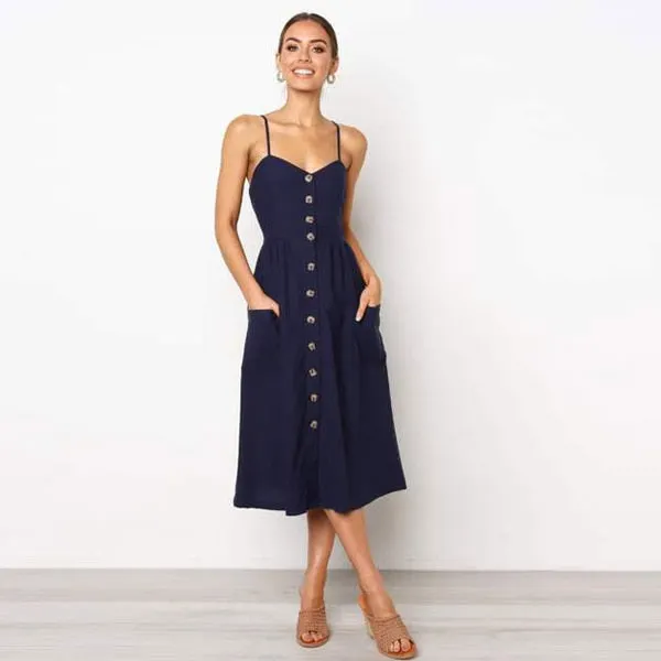 Button Striped Print Cotton Casual Beach Summer Dress Sexy Spaghetti Strap Pockets V-neck Off Shoulder Women Midi Dress Vestidos
