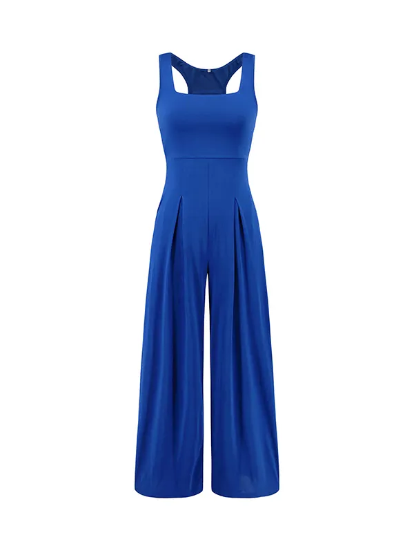 Pleated Solid Pocket Sleeveless Jumpsuit