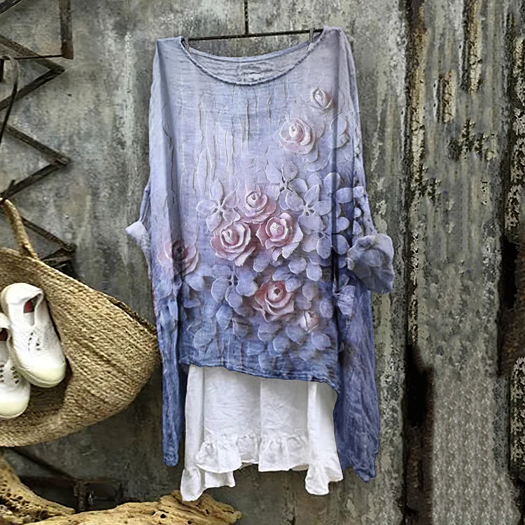 Women's Cotton And Linen Floral Art Round Neck Shirt