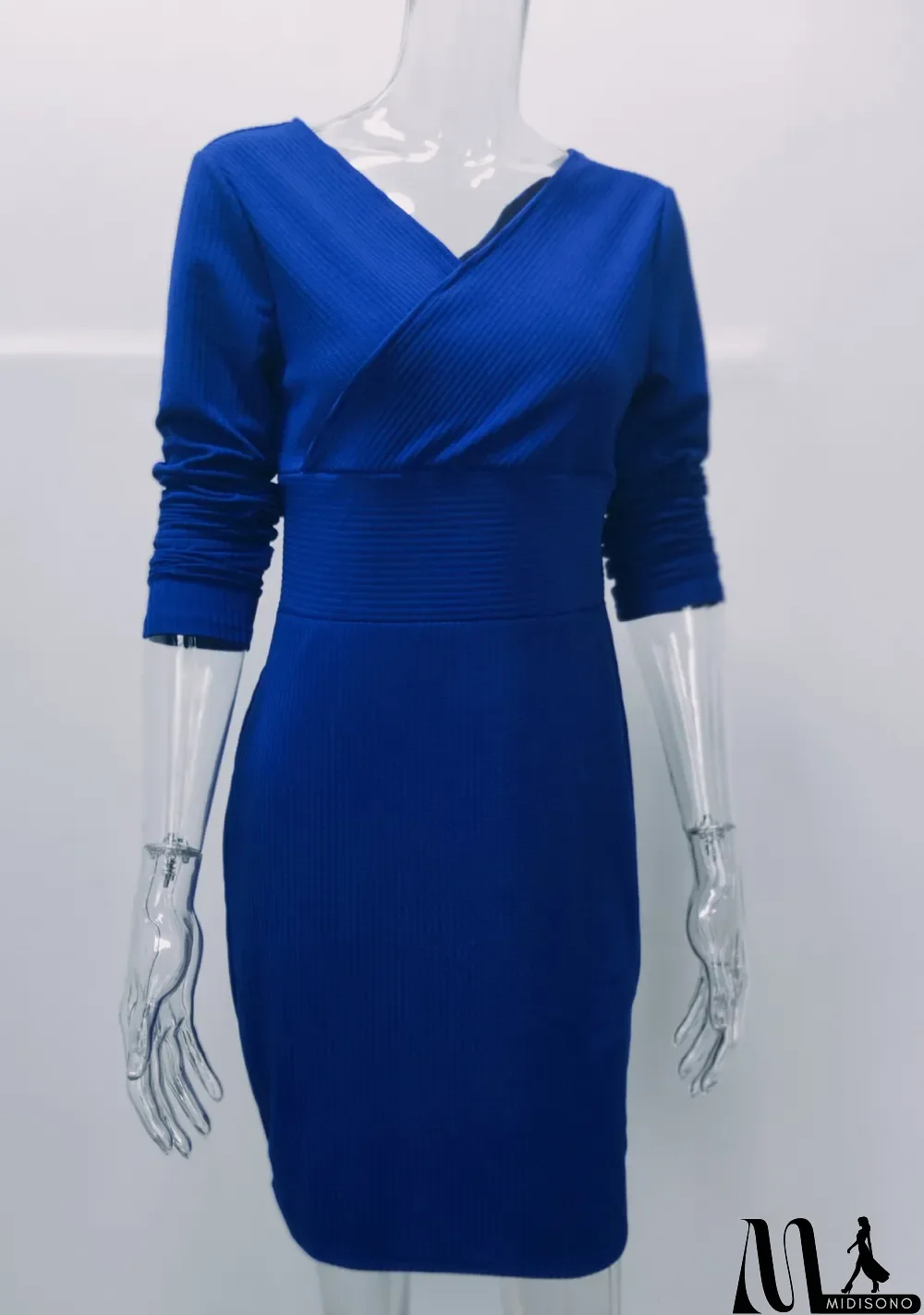 MidiSono - Winter Royal Knit V-Neck High Waist Wrap Midi Dress