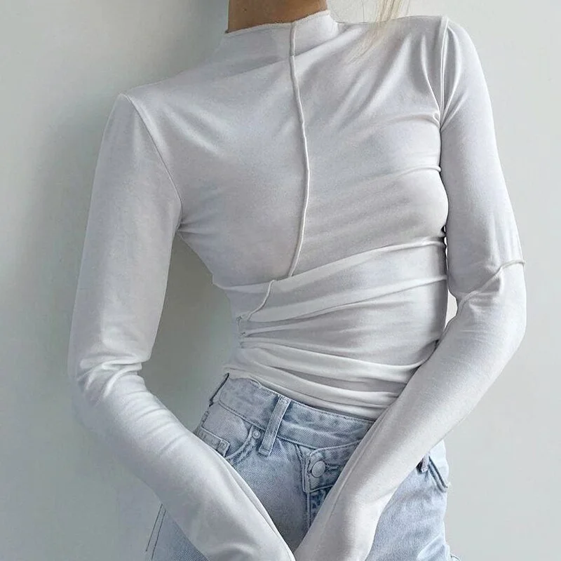 Toloer Rockmore Autumn Patchwork T-shirt Women Spring Streetwear Solid Long Sleeve Basic Tops Casual Turtleneck Slim Tee Female Pulover