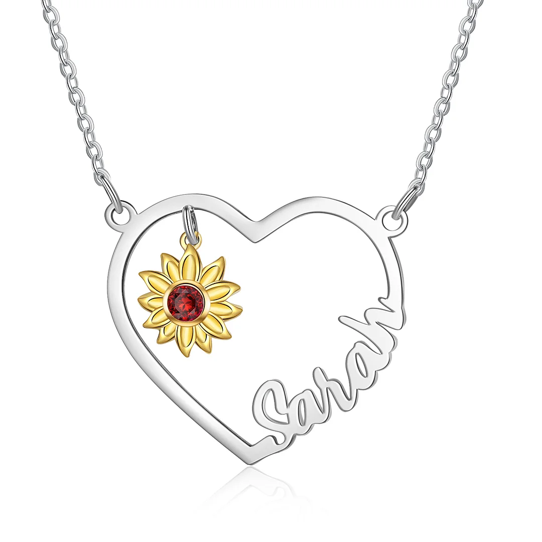 Personalized Heart Name Necklace with Birthstone Sunflower Necklace