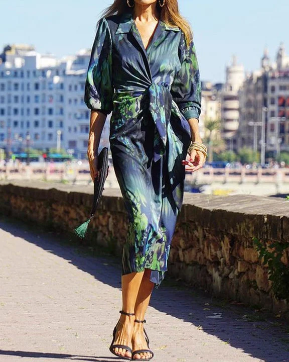 Stylish Printed Lapel Dress