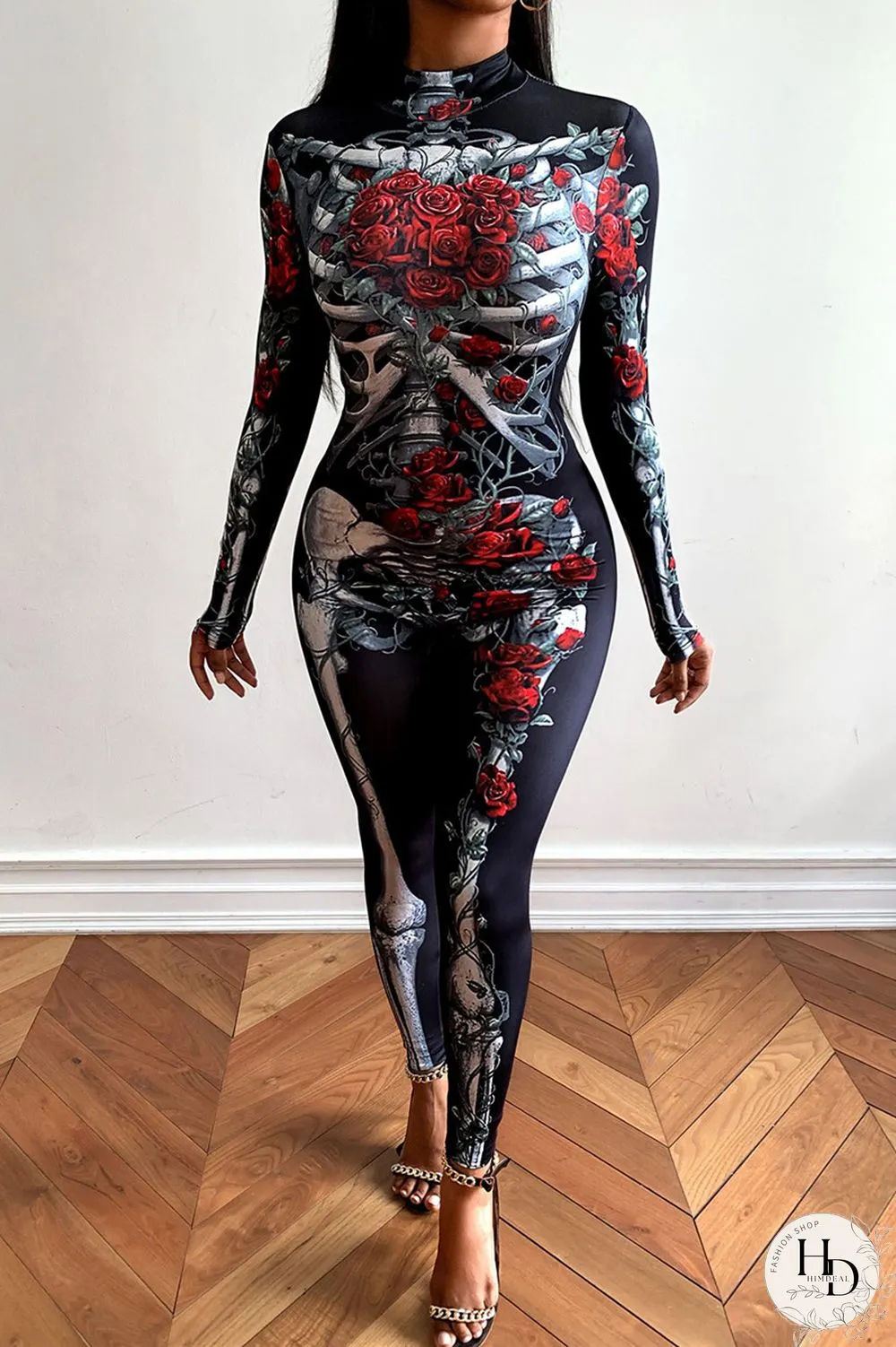 Black Fashion Print Basic Half A Turtleneck Skinny Jumpsuits