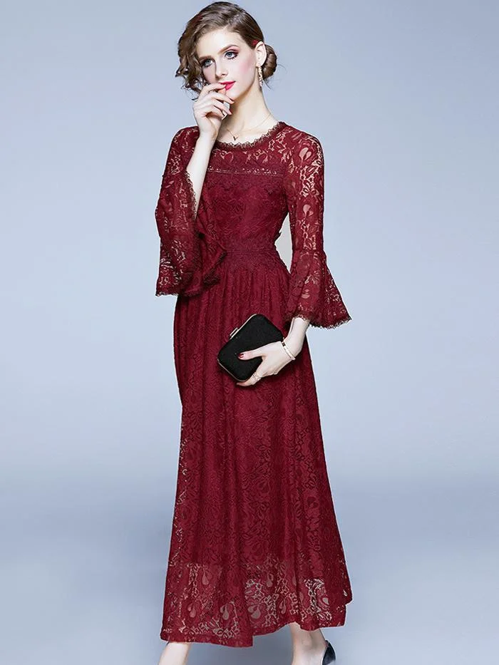 Temperament lace long sleeve long dress