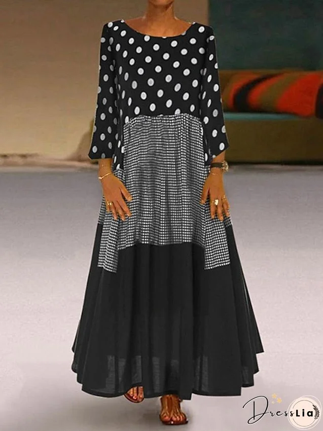 A Line Dress Maxi long Dress Black Yellow Red Long Sleeve Polka Dot Patchwork Summer Spring Crew Neck Hot Winter Dress Fall Dress Loose Fit M L XL XXL 3XL 4XL 5XL for Women
