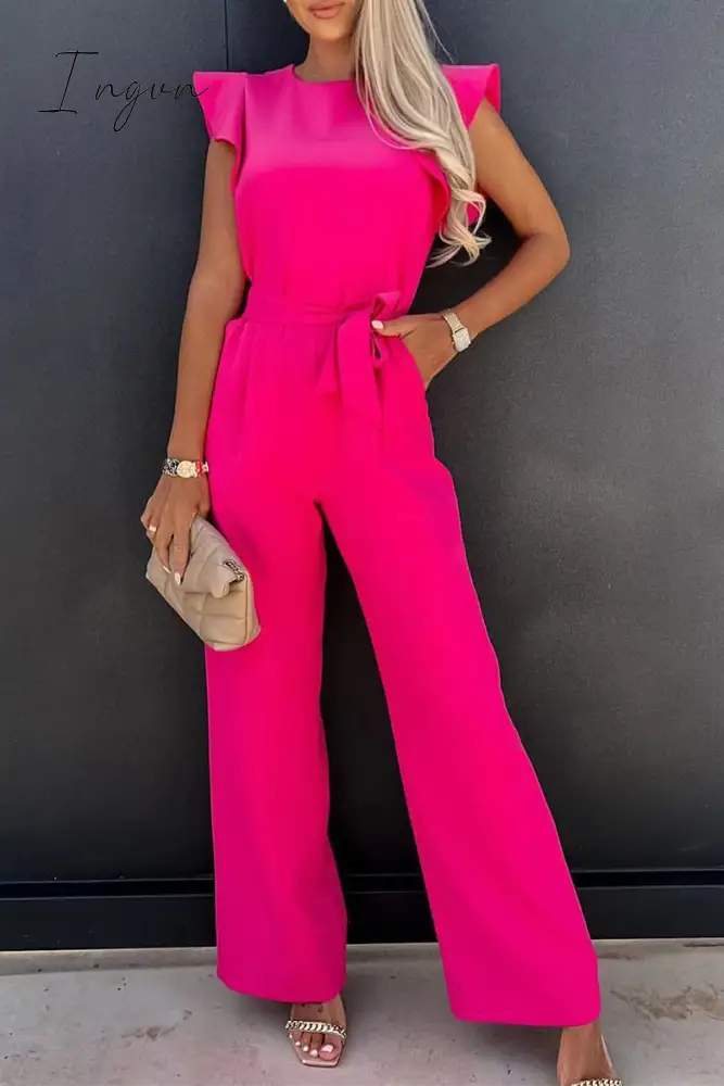 Ingvn - Casual Solid Flounce O Neck Straight Jumpsuits(3 Colors) Red / S Jumpsuits &