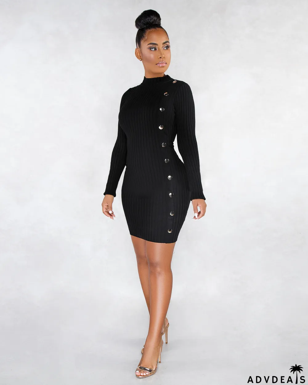 Solid Long Sleeves High Collar Slim Mini Dress