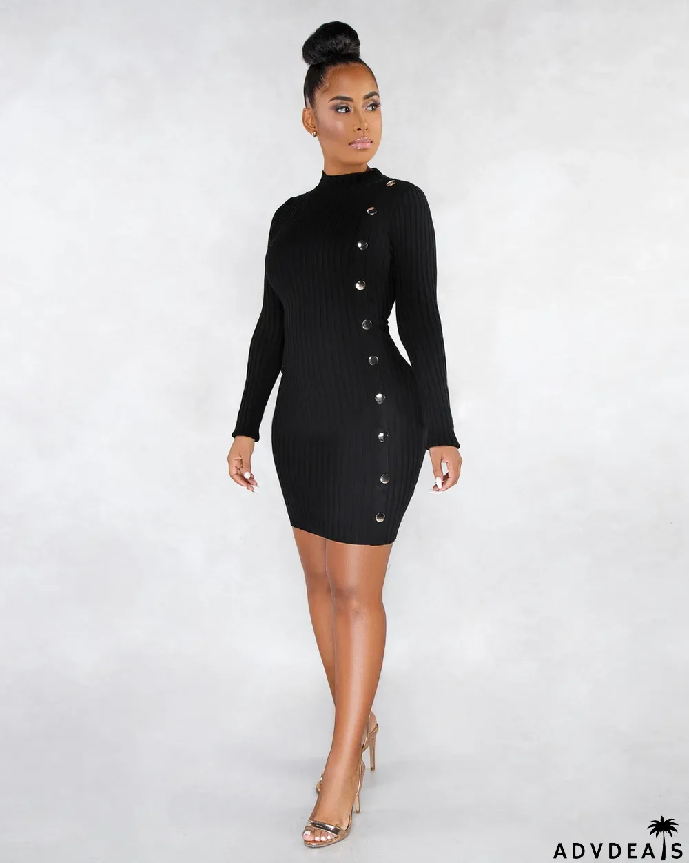 Solid Long Sleeves High Collar Slim Mini Dress