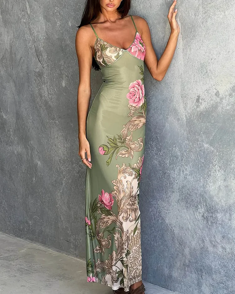 Women's fashionable and elegant suspender print dress