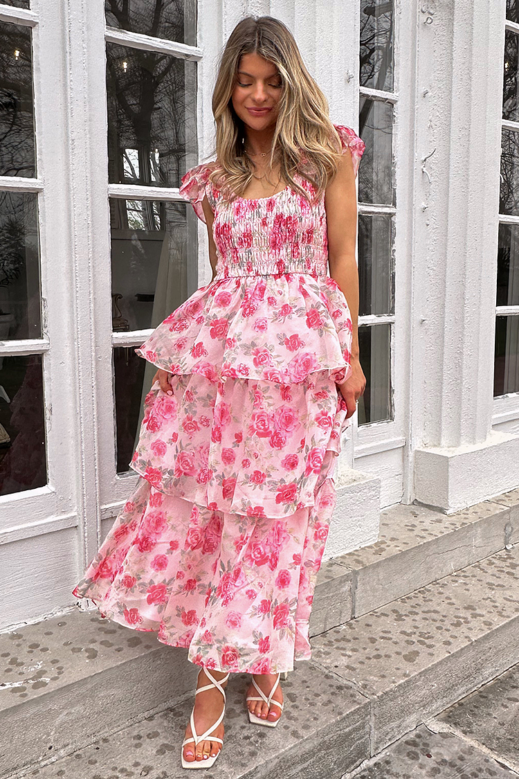 Floral Print Ruffled Sleeve Cinch Waist Tiered Maxi Dresses-Pink [Pre Order]