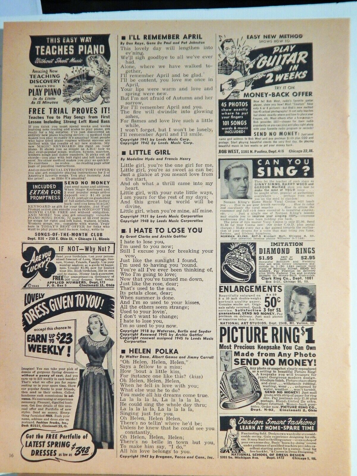 DRESSES / PLAY GUITAR / PICTURE RING / PLAY PIANO VTG 1949 ADVERTISEMENTS