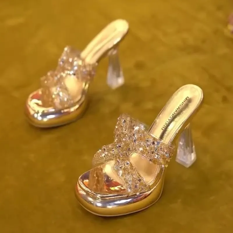 Breakj Breakj Korea's Small Thick-Bottomed One-Word Drag Woman Wearing Transparent Cool Slippers In The Summer Of 2025 Thick Heel High Heels