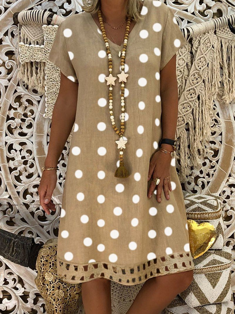 Women Short Sleeve V-neck Polka Dot Graphic Dress