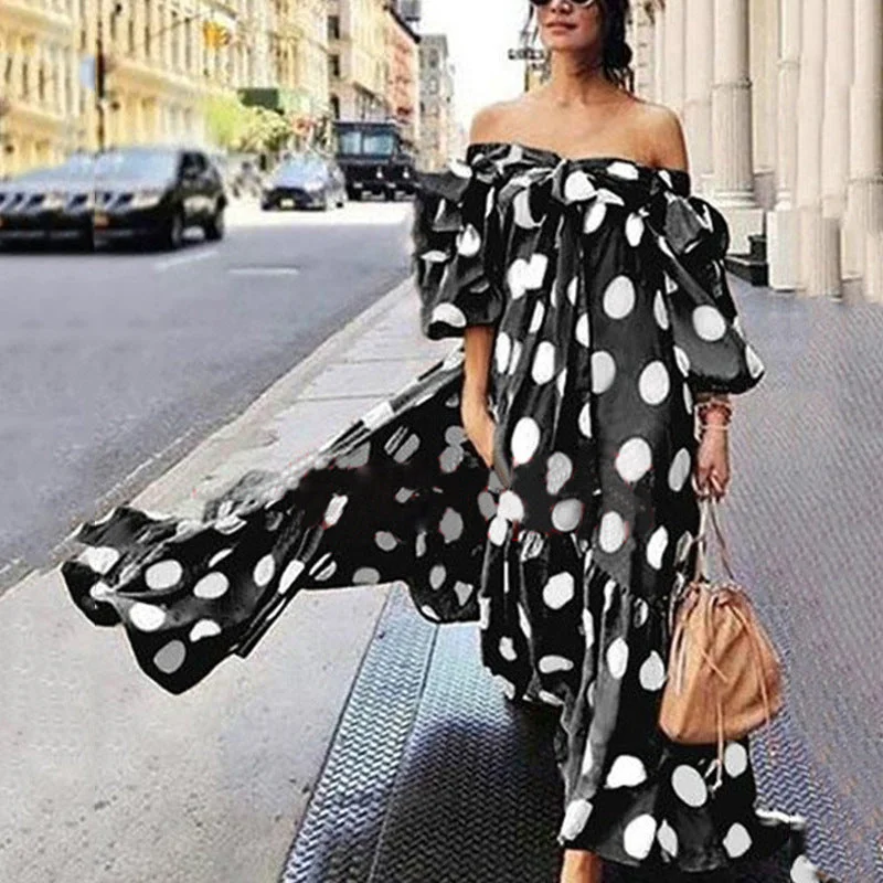 Uveng Off Shoulder Polka Dot Bohemian Maxi Dresses