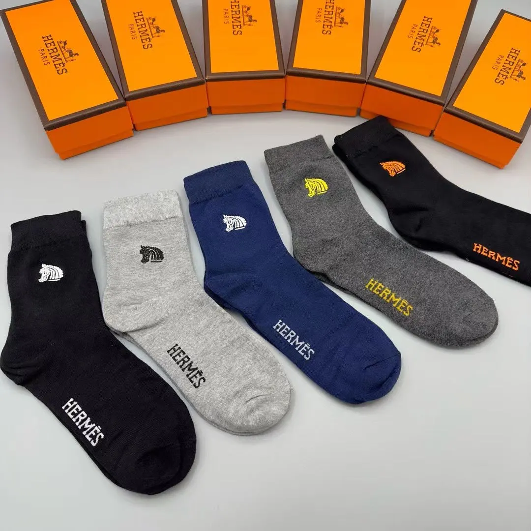 Men's Mid-Calf Long Socks Men's Socks Casual Sports Breathable Autumn Winter Sweat-Absorbing Warm New 5 Pairs Boxed Socks