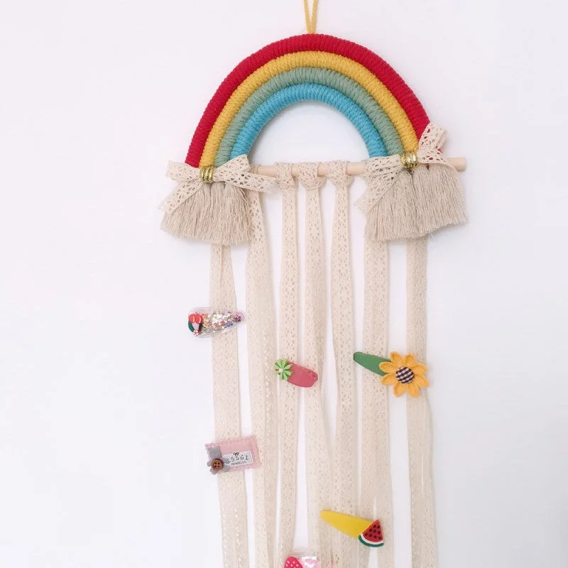 INS Nordic Rainbow Tassel Wall Hanging Ornaments Hair Bows Storage Belt Girls Room Decoration Hair Clips Hanger Organizer Strip