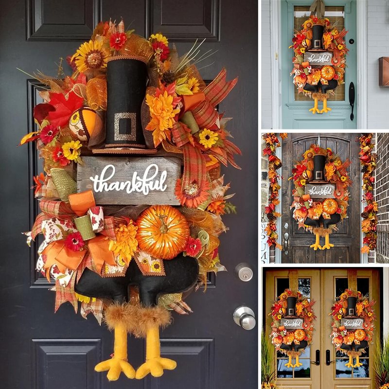 Thanksgiving Turkey door wreath Fall swag Thanksgiving Mr.Turkey decor with Thankful tin sign