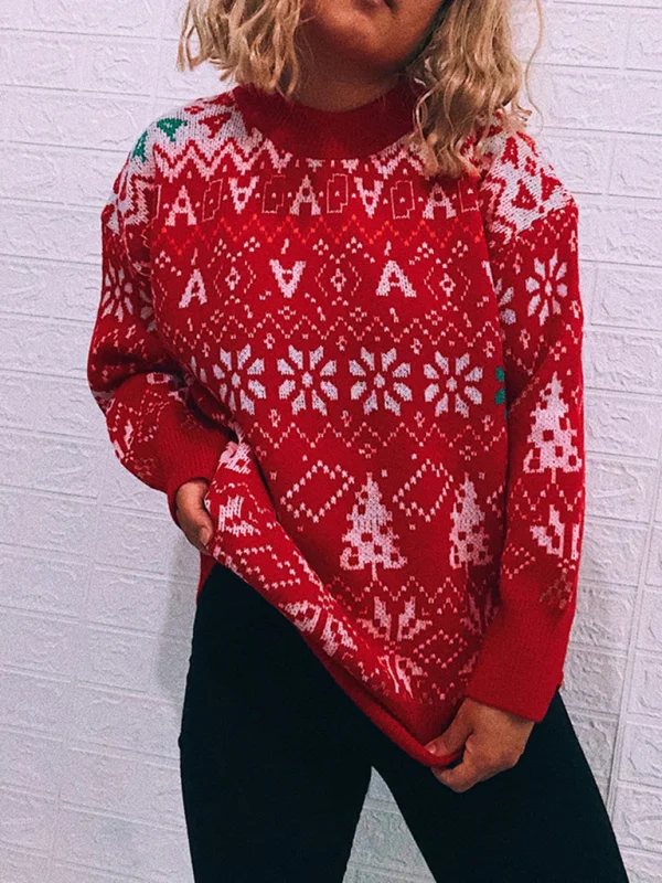 Women's Vintage Snowflake Christmas Themed Sweater Crew Neck Pullover Flusfy