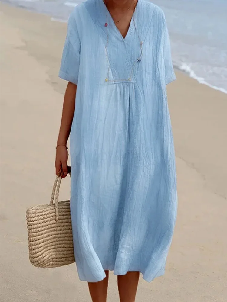 Casual V Neck Cross Midi Dress