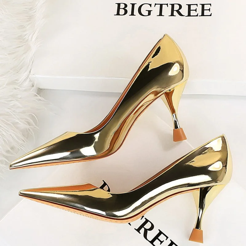 BIGTREE Shoes Patent Leather Woman Pumps Kitten Heels Metal Heel Women Shoes 2022 New Wedding Shoes Fashion Sexy Women Heels