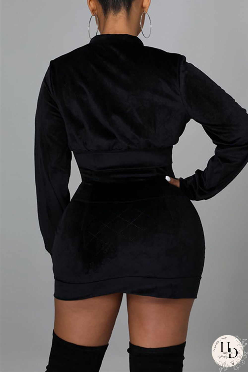 Black Fashion Sexy Solid Split Joint Zipper Collar Long Sleeve Two Pieces