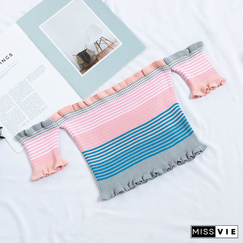 Heliar Women Rainbow Stripes Tops Female Off Shoulder Tops Women's Clothing Ruffles Hem Tees Lady Sexy Tops For Women T-Shirts