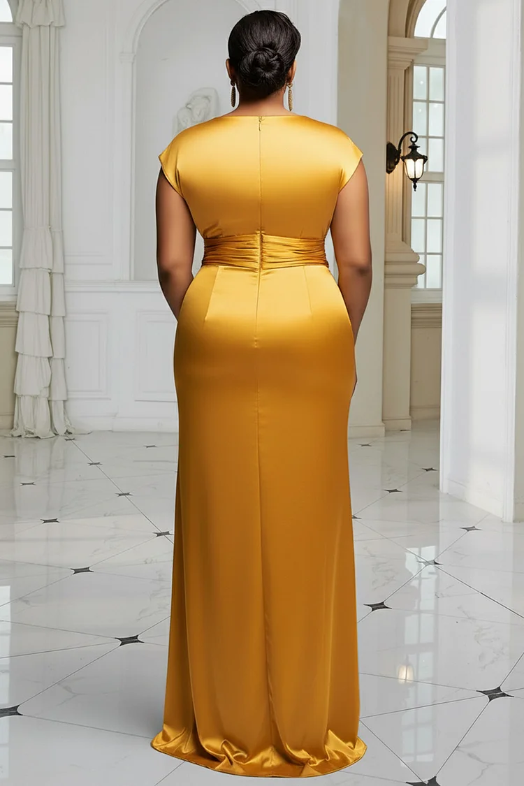 Xpluswear Design Plus Size Formal Gold Cowl Neck Split Pleated Satin Maxi Dresses [Pre-Order]