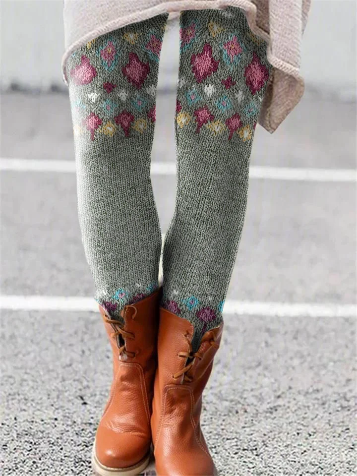 Contrast Diamond Knit Pattern Printed Leggings