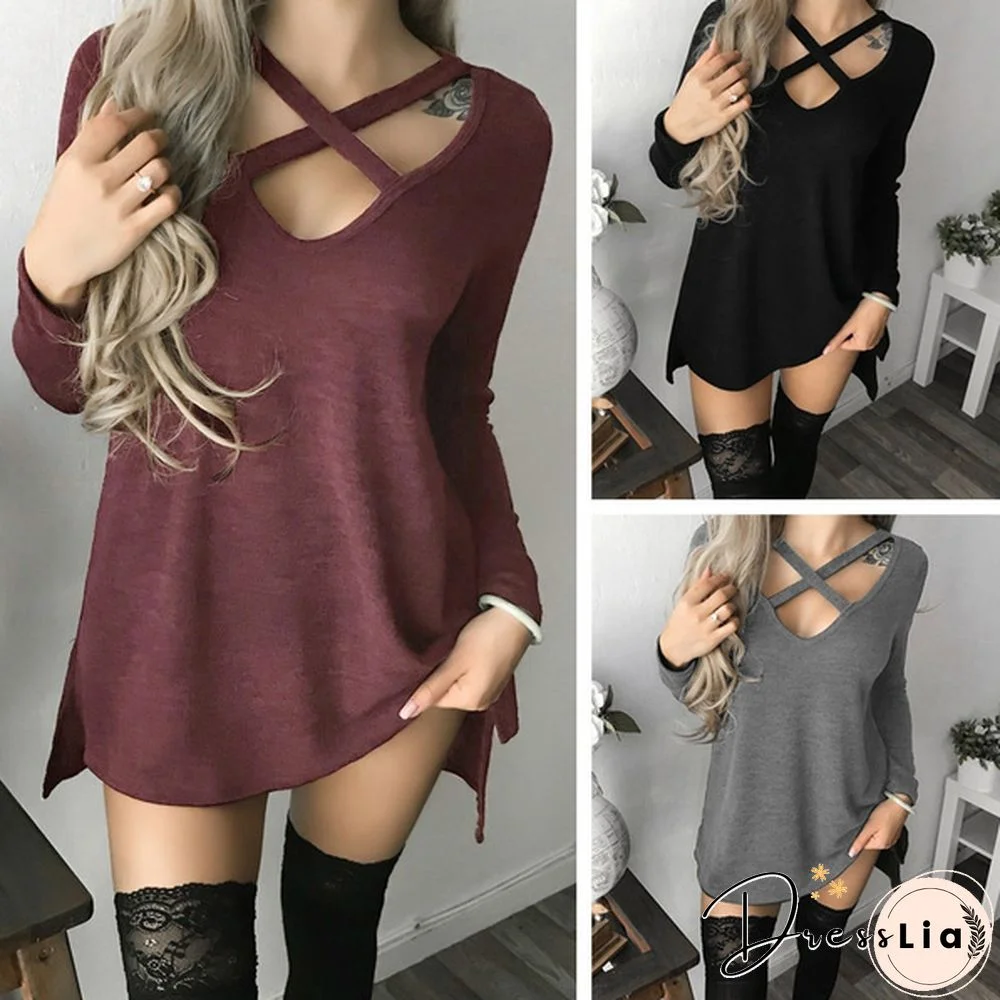 Women Spring Summer Fashion Long Sleeve Tops Black Casual Knitted Sweater Dresses Ladies Fashion Loose Mini Dress Pure Color Cotton Shirt Sexy Deep V-Neck Slim Fit Waist Bodycon Club Wear Knit Slit Party Robe Chic FemmeT-shirt