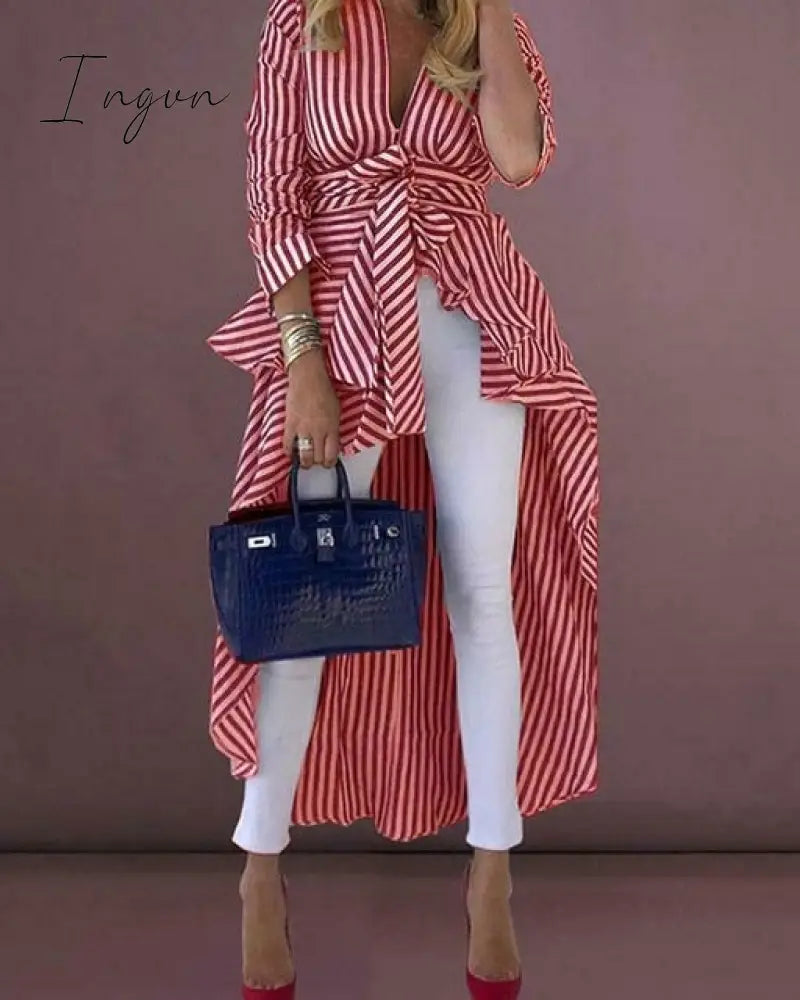 Ingvn - High Street Women Stripe Shirts Long Sleeve V - Neck Loose Tops Blouse Striped Tied Front