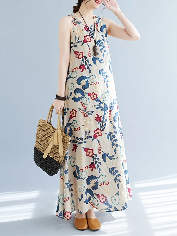 Roomy Sleeveless Floral Stamped Round-Neck Maxi Dresses