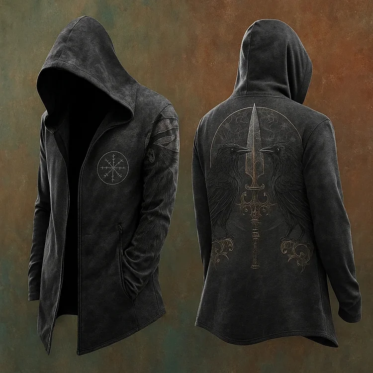 Men's Viking Mythology Raven L&aelig;vateinn Celtic Totem Hooded Jacket