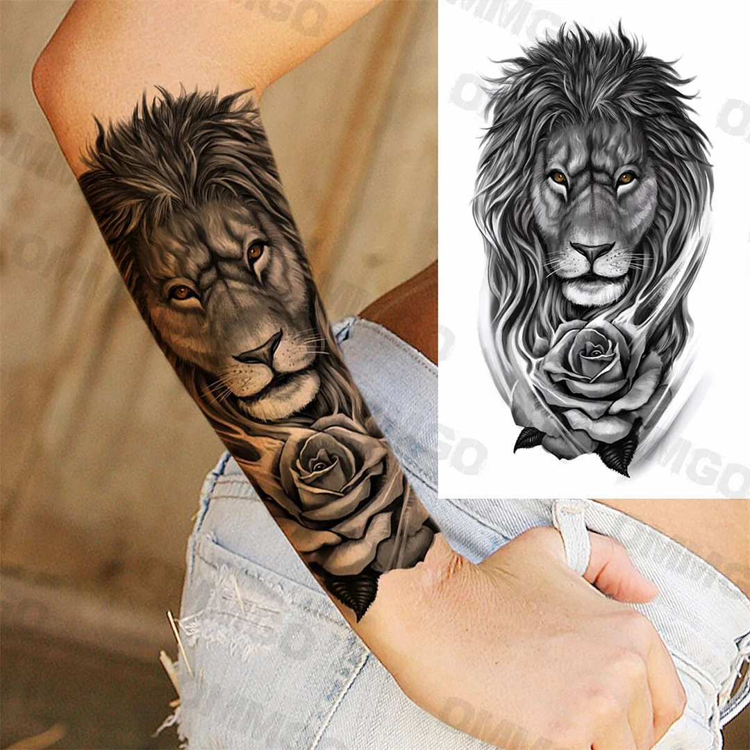 Sdrawing Rose Flower Skeleton Temporary Tattoos For Women Adult Girl Lion Tiger Crown Fake Tattoo Body Art Painting Tatoo Decal