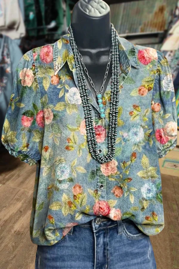Colorful Floral Print Puff Sleeve Top