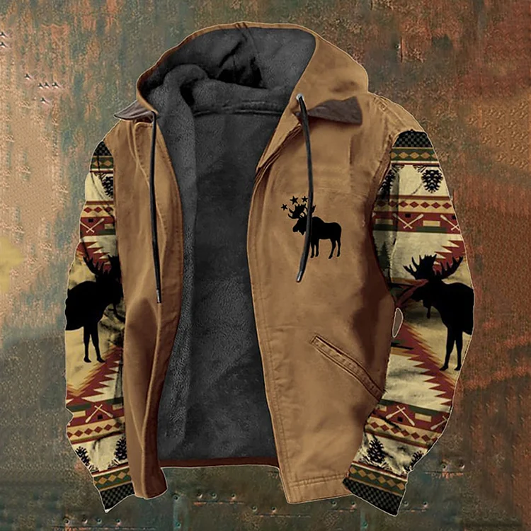 VChics Men's Vintage Plush Western Elk Print Zipper Jacket