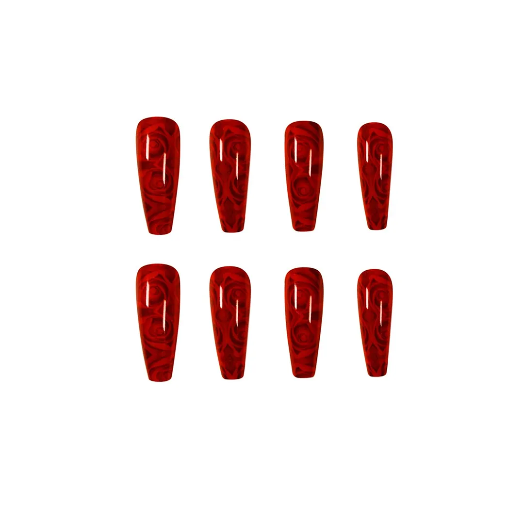 24pcs Rose Pattern Red Wine False Nail Fake Nails Coffin Glossy Press On Nails False Girls Ballerina full cover Fingernails Tips-Nail Inspo