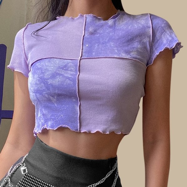 Women Tie Dye Cropped Top Ruffle Frill Short Sleeve Tops Patchwork T-Shirts Round Neck Casual Tees Party Summer Clothes - BlackFridayBuys